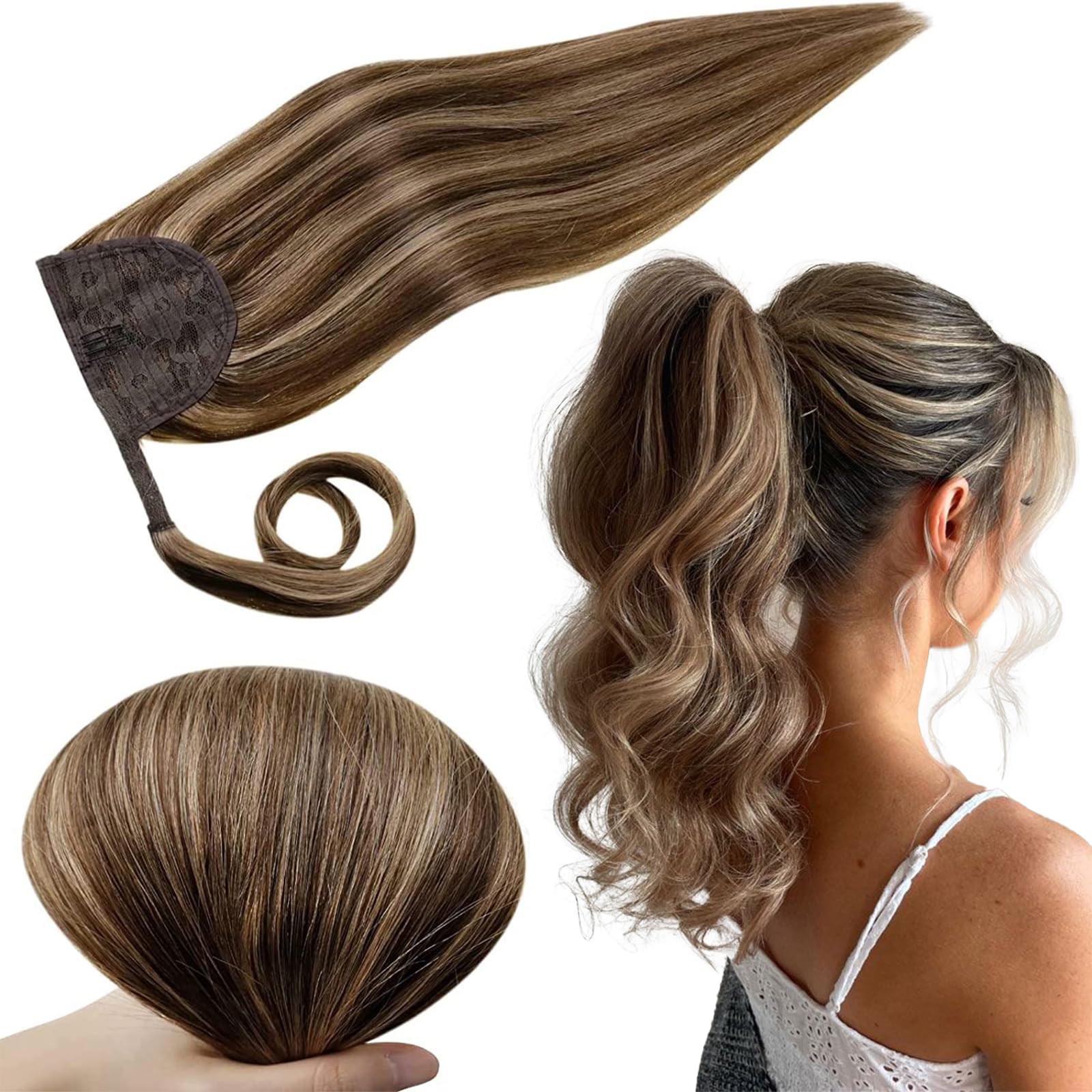 RUNATURE Human Hair Ponytail Extension Brown Highlight Honey Blonde Ponytail Extensions Brown Clip in Ponytail Hair Extensions Human Hair Straight 18 Inch 80g — image 1