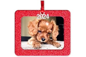 EXPRESSLY YOURS! PHOTO EXPRESSIONS Photo Ornaments for Christmas Tree, Sparkly Glitter Christmas Frame Ornament, Easy-Load Magnetic Design, Includes Satin Ribbon with 2024 Silver Charm Plus Photo Protector, Horizontal, Red