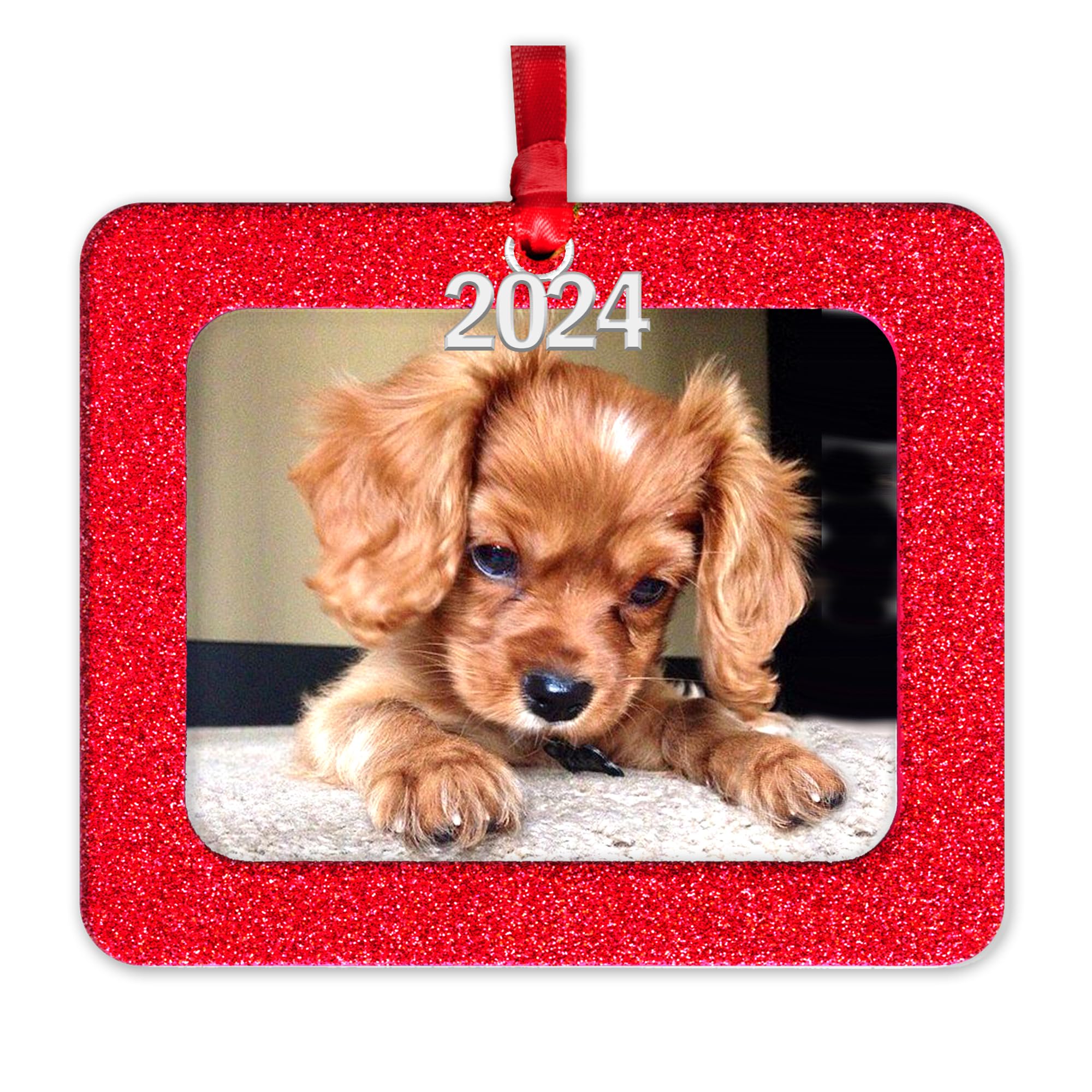 Expressly Yours! Photo Expressions 2018 Magnetic Glitter Christmas Photo Frame Ornament with Non Glare Photo Protector, Horizontal - Red