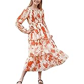 IFFEI Girls Dresses Smocked Long Sleeve Floral Casual Tiered Midi Dresses for Holiday Party 6-15Y