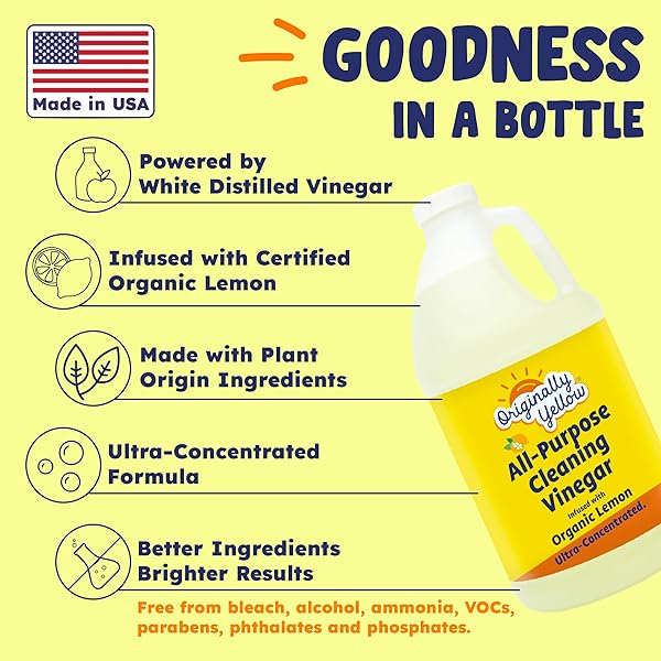 ORIGINALLY YELLOW LEMON WHITE VINEGAR FOR CLEANING PURPOSE | USA MADE ALL PURPOSE CLEANER | USE AS GLASS, KITCHEN & FLOOR CLEANER | PLANT DERIVED CLEANING VINEGAR 1 GALLON IN 2 PACK | 128 OZ