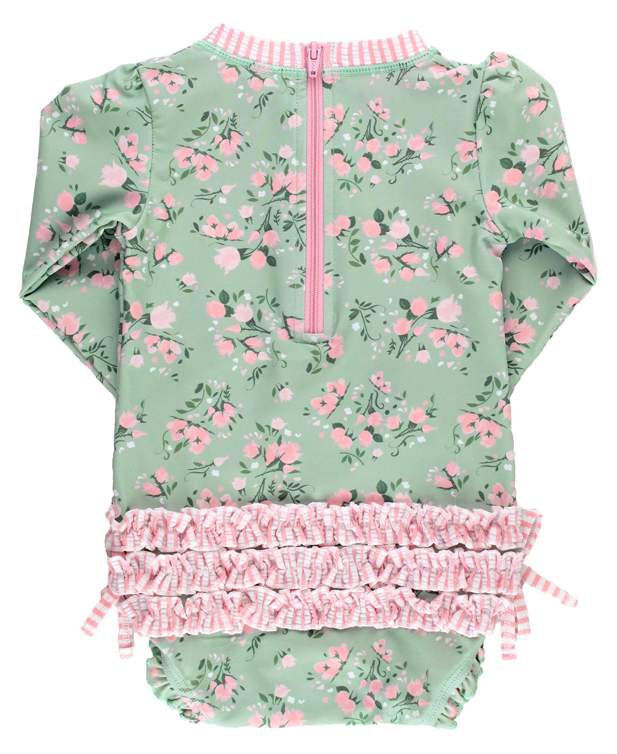 RuffleButts Baby Girls UPF 50+ Sun Protection Floral Printed Long Sleeve One Piece Rash Guard Swimsuit with Zipper