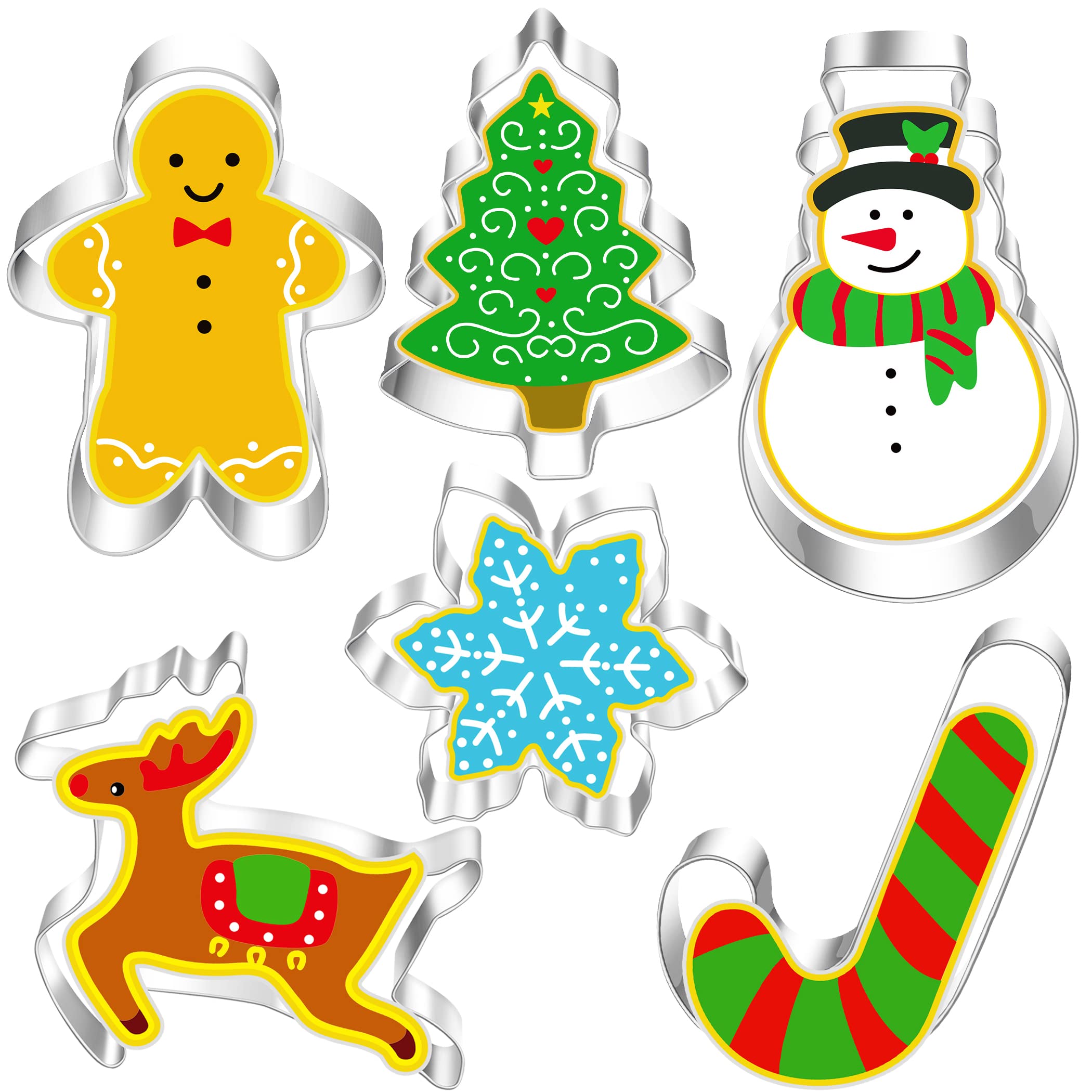 RMMD Christmas Cookie Cutter 6 Pack Stainless Steel Biscuits Cutters Xmas Cookie Cutters Set Gingerbread Tree Snowman Reindeer Cookie Cutters Christmas Pastry Cutters for Baking