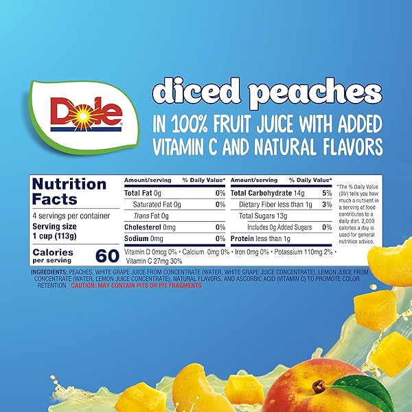DOLE FRUIT BOWLS, DICED PEACHES IN 100% FRUIT JUICE, (2 PACK )