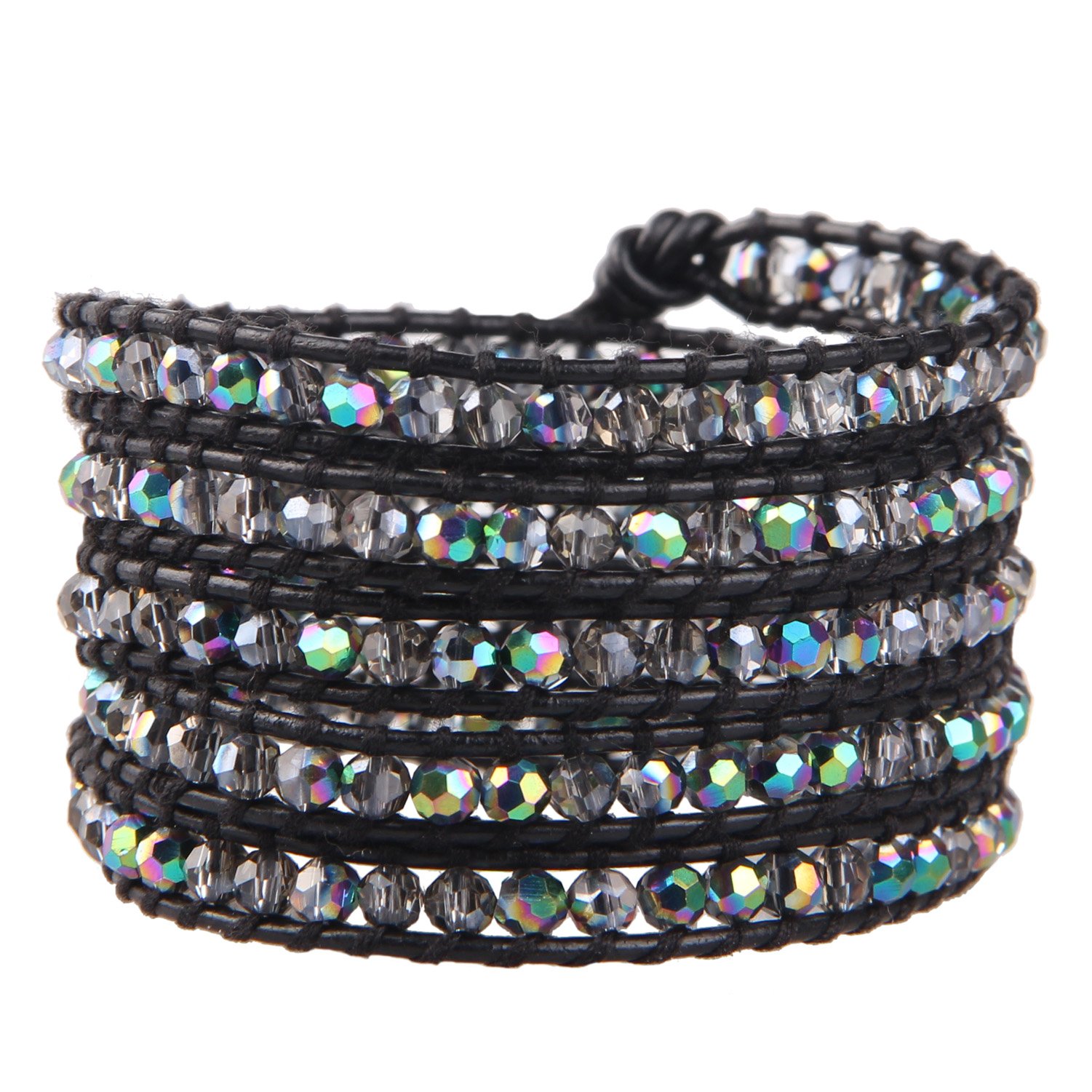 KELITCH New Genuine Leather 5 Wrap Bracelets Handmade Crystal Bracelet New Jewelry (Black)
