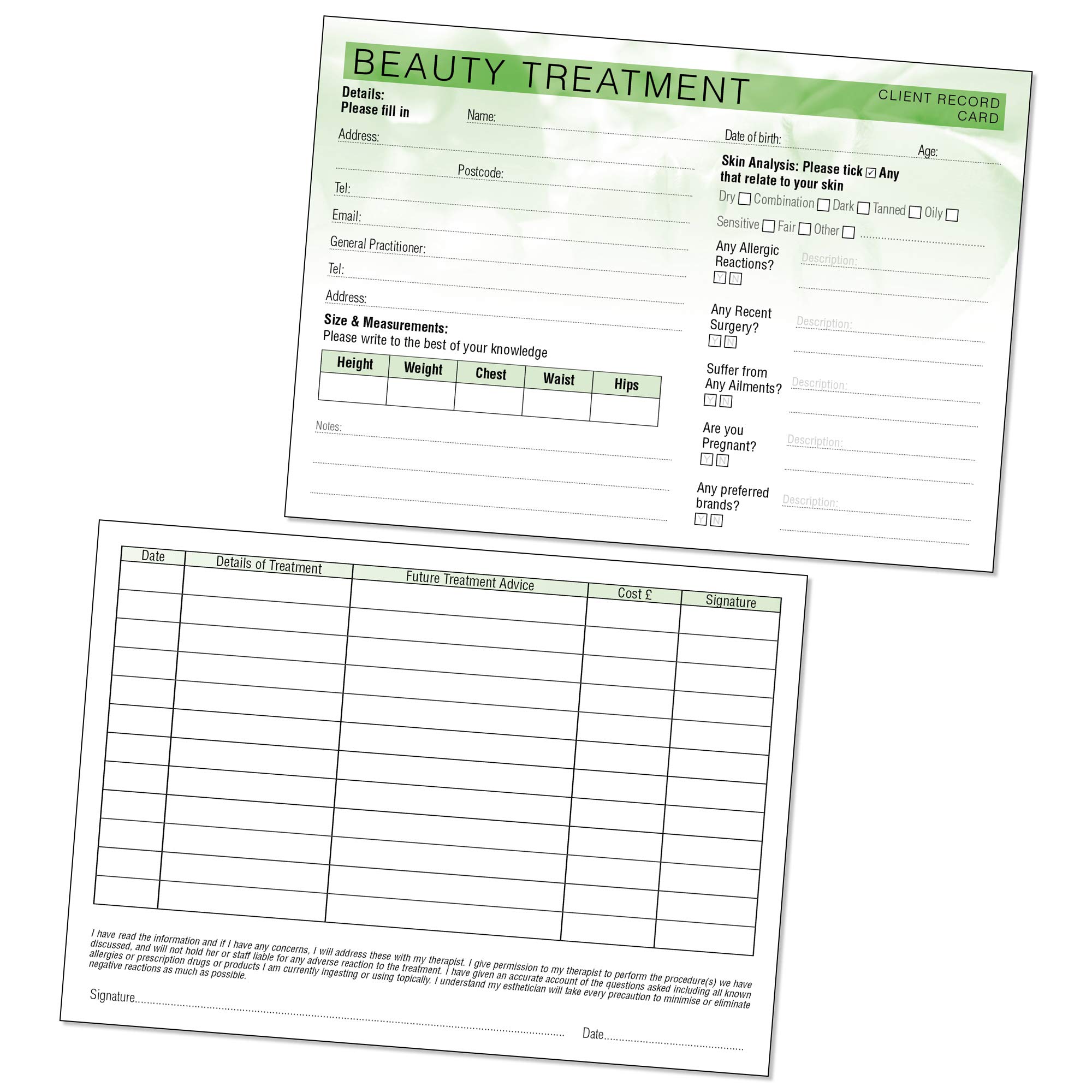 Beauty Client Record Card - Treatment Consultation Form for Mobile Therapists & Salons A6 Pack of 50 - Landscape
