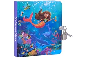 MOLLYBEE KIDS' Diary Notebook for Girls, Mermaid Theme, 5.5 x 6.25 Inches, 208 Lined Pages, Padlock with 2 Keys, Blue