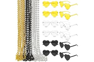 Mepase 24 Pcs New Year Beads Necklaces and 12 Pcs Heart Sunglasses, Black Gold Silver Costume Accessories for 2026 New Year Eve Party Favor Decorations Adults