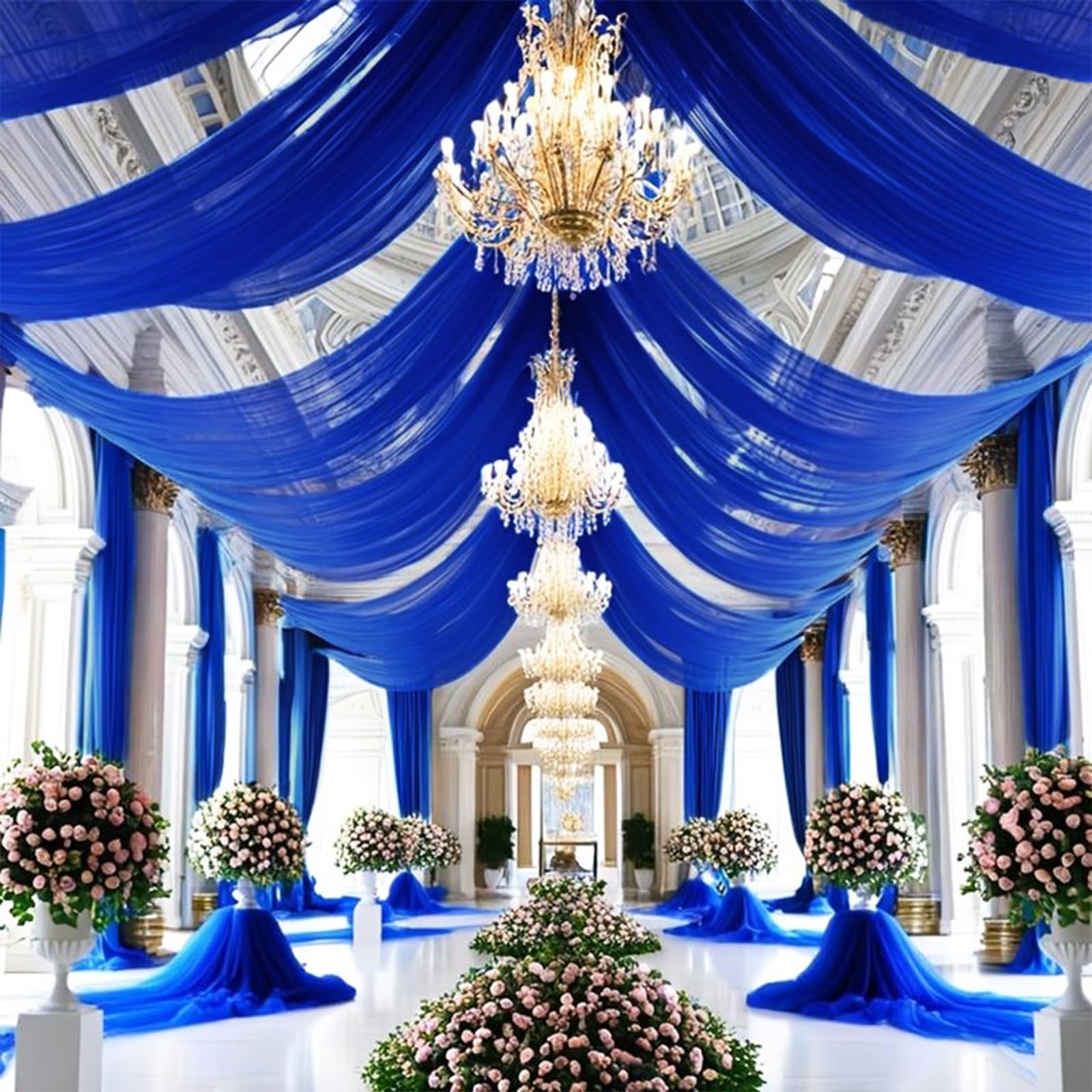 Photo 1 of 10 Panels Royal Blue Ceiling Drapes for Wedding Ceiling Drapes 5ftx30ft Wedding Arch Draping Fabric Sheer Curtains Chiffon Drapery Draping Decorations for Party Ceremony Stage Swag