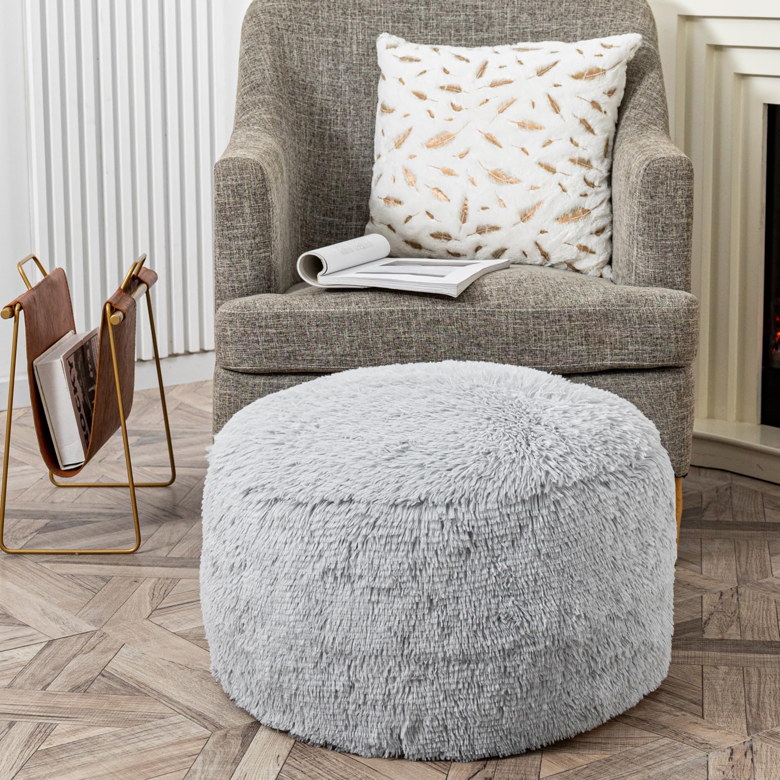 Photo 1 of Asuprui Fur Ottoman Stool Unstuffed Footstool Cover Floor Pouf Foot Rest No Filler 20x20x12 Inches Round Poof Seat Foldable Floor Chair Storage for Living Room Bedroom Misty Gray Pouf Cover
