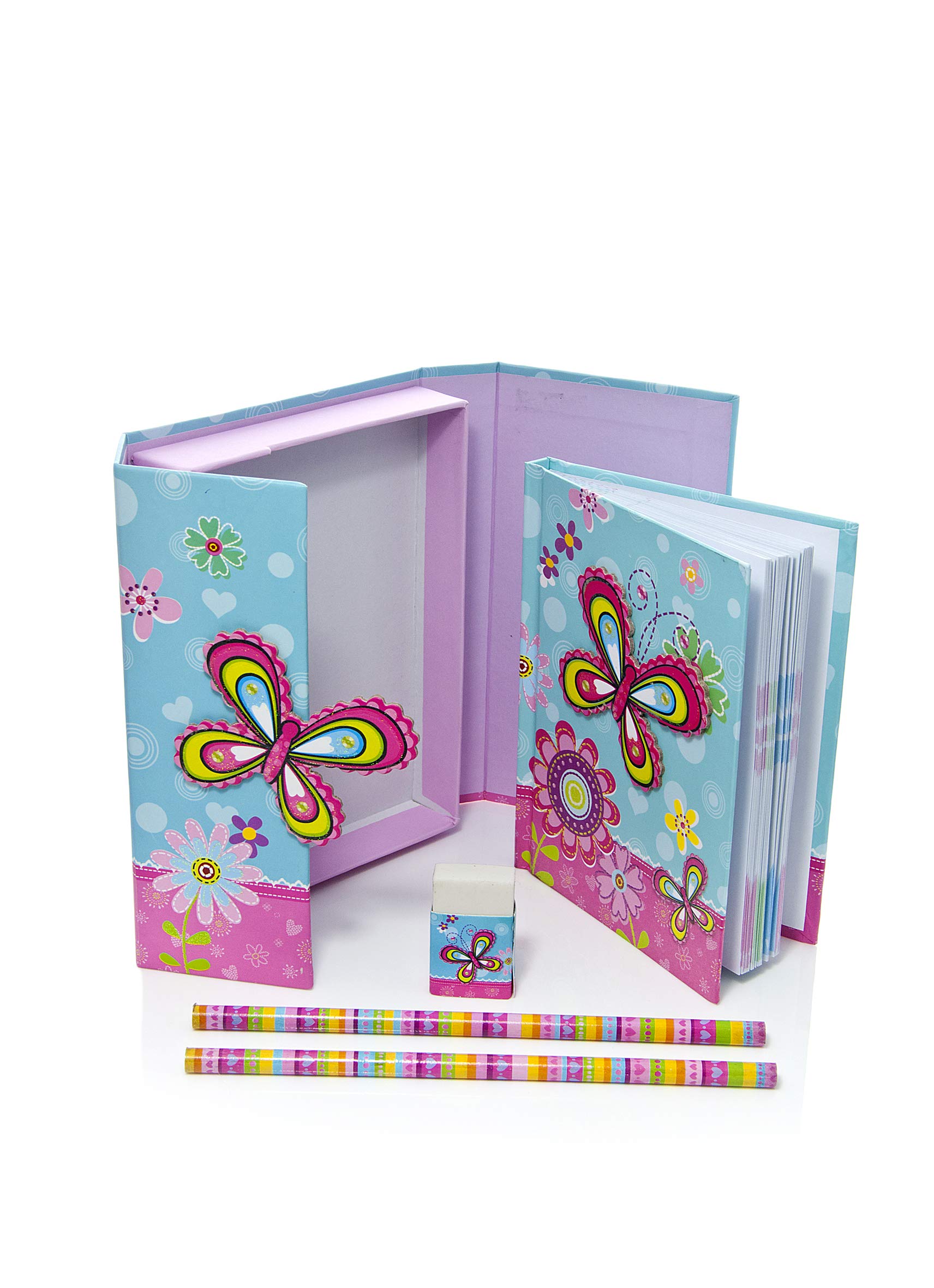 Mousehouse Gifts - Medium Turquoise & Pink Butterfly-Themed Kids Stationery, Colourful Notebook Set for Girls