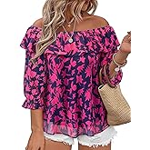 Siddhe Womens Plus Size Tops 3/4 Sleeve off the Shoulder Dressy Casual Curvy Shirts Ruffle Chiffon Blouses Crew Neck Tunic