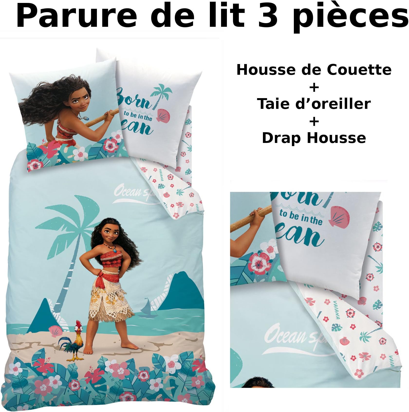 Moana 3-Piece 100% Cotton Bedding Set with Duvet Cover (140 x 200 cm), Pillowcase (63 x 63 cm) and Fitted Sheet (90 x 190 cm)