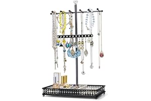 Meangood Jewelry Tree Stand Organizer 3in1 Necklace Organizer Display Bracelet Earrings and Ring Tray Jewelry Holder Hanger Metal（Black）