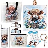 FoldTier 8 Pcs Highland Cow Gifts for Women Highland Cow Stuff with 20oz Tumbler Blanket Canvas Tote Bag Makeup Bag Socks Keychain Hair Claw Gift for Coworker Friend Lover (Classic Pattern)