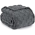 PHF Checkered Fleece Blanket Queen Size for Sofa Bed, Warm 3D Plaid Jacquard Fluffy Blanket for Fall and Winter, Dark Grey, 90x90 Inches