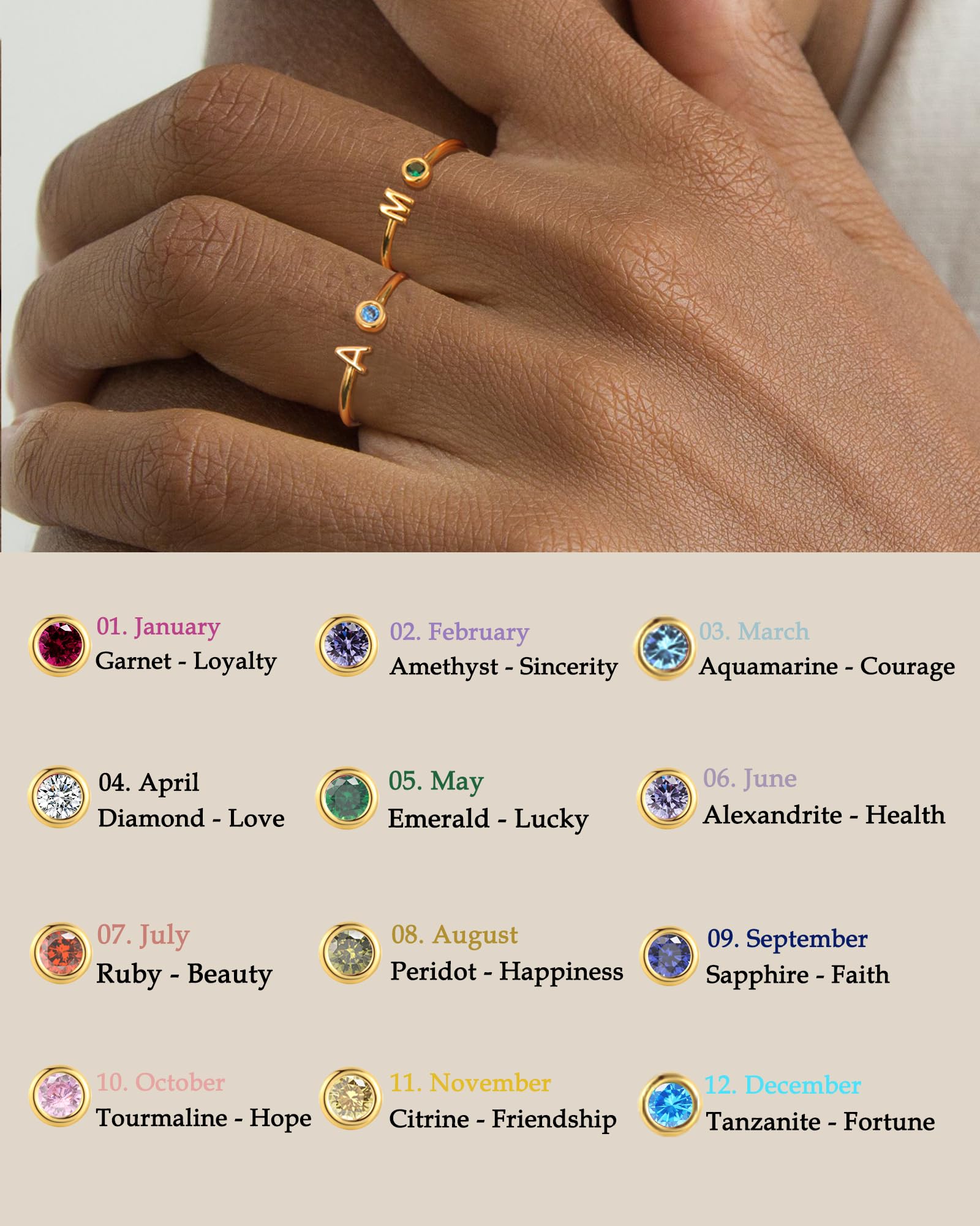 FUNEIA Initial Birthstone Rings for Women Non Tarnish Trendy Stackable Dainty Gold Letter Adjustable Emerald Green Cubic Zirconia Ring for Mothers Daughter Birthday Bridesmaid Gifts Jewelry