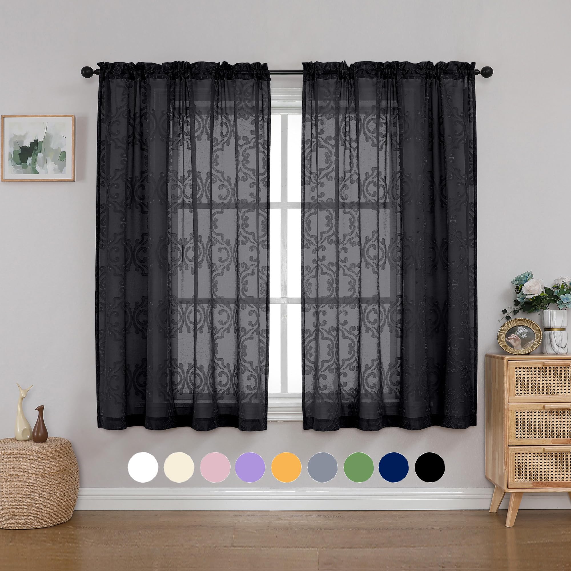 Photo 1 of Aiyufeng Sheer Curtains 54 Inch Length for Bedroom Living Room, Light Filtering & Privacy Semi Sheer Curtains & Drapes, Rod Pocket Clip Textured Fabric Black Curtain, 54 Width by 54 Length, 2 Panels