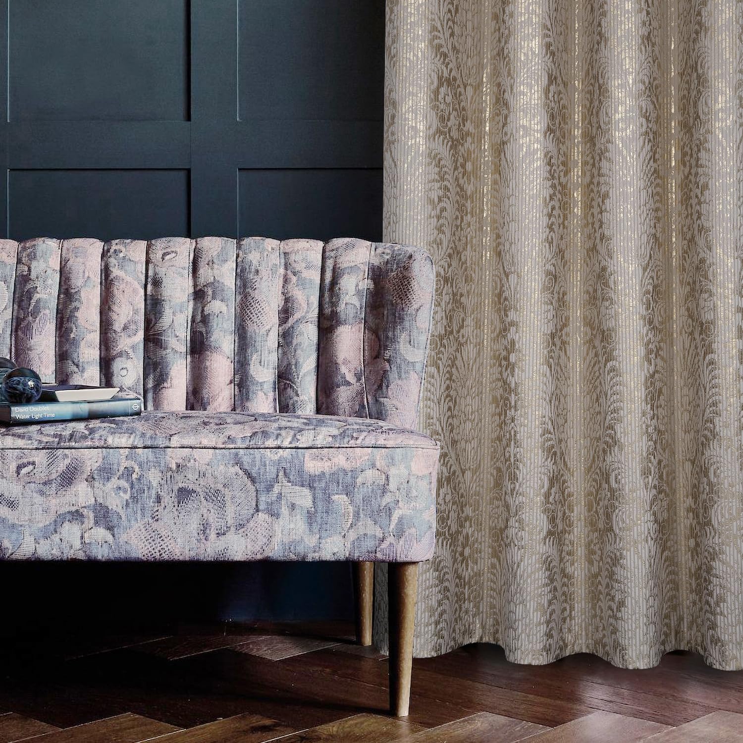 always4u 100% Blackout Curtains for Bedroom Thermal Insulated Velvet Curtain Eyelet Floral Gold Foil Print for Living Room Fully Lined Window Drapes 1 Pair Beige W46*L54 Inches