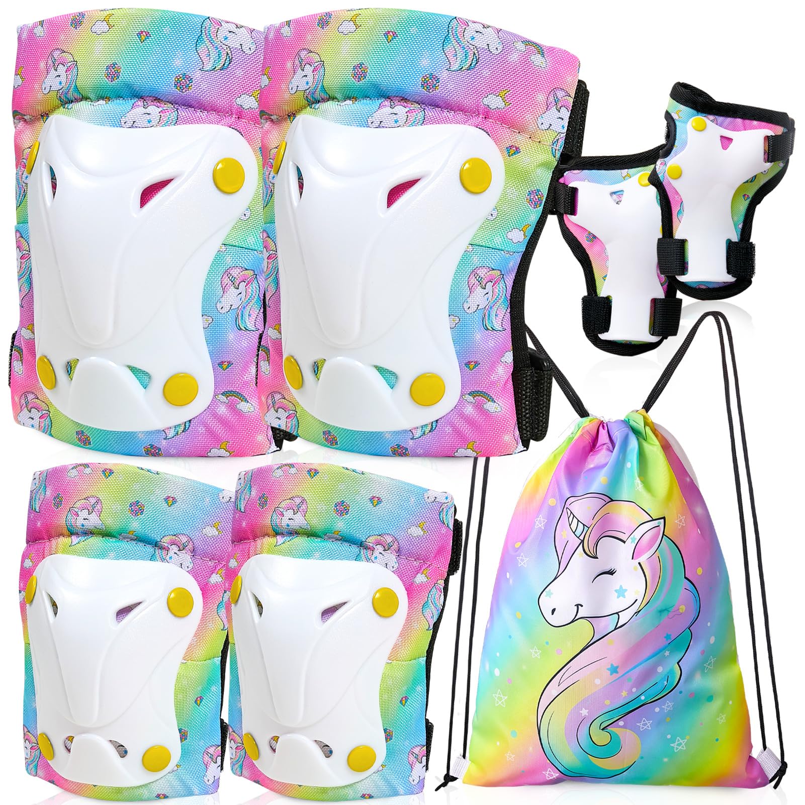 Unicorn Knee and Elbow Pads for Kids Girls 6 in 1 Adjustable Protective Gear Set with Drawstring Bag, 3-8yrs