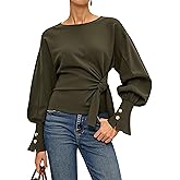 Dsewpaur Twist Knot Tie Front Sweatshirt Tops For Women Long Balloon Sleeve Crew Neck Pullover Casual Fall Outfits