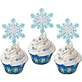 24 Pack Snowflake Cupcake Toppers Glitter Silver and Blue Winter Snowflake Cupcake Picks Snowflake Theme Baby Shower Kids Boys Girls Birthday Christmas Party Cake Decorations
