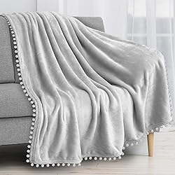 PAVILIA Light Gray Throw Blanket Pom Pom for