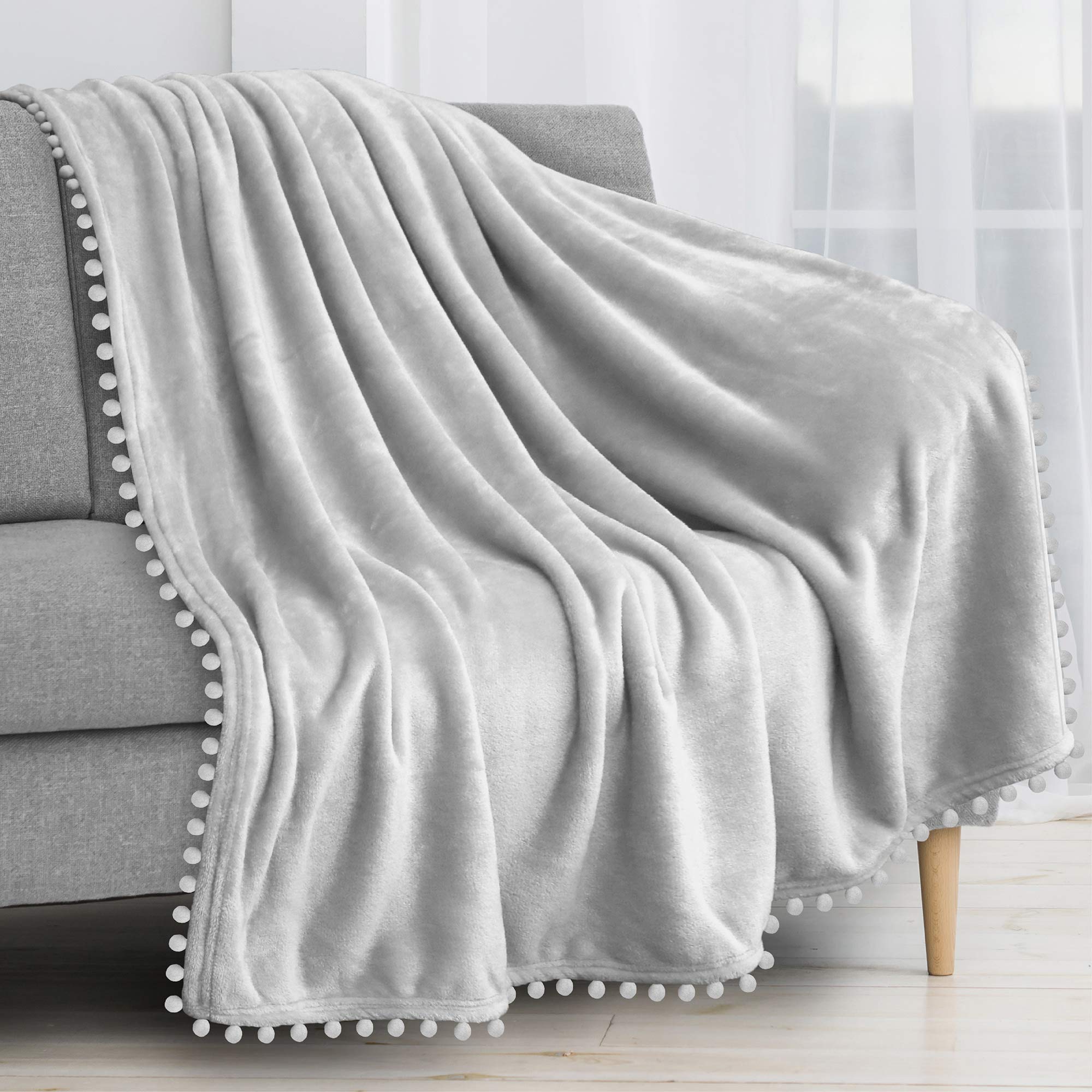 PAVILIA Light Gray Throw Blanket Pom Pom for