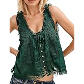 WINSASI Women Boho Lace Tank Top Boho Summer Vacation Top Sleeveless Button Down Front Tie Lace Y2k Tops Cute Shirt