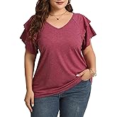 KLPOHV Women's Plus Size Tops Ruffle Short Sleeve V Neck Solid T Shirts Casual LooseTunic Blouses 1X-5X