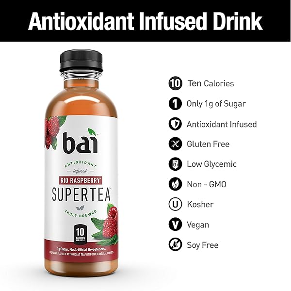 BAI ICED TEA, RIO RASPBERRY, ANTIOXIDANT INFUSED SUPERTEA, CRAFTED WITH REAL TEA (BLACK TEA, WHITE TEA), 18 FL OZ (PACK OF 12)