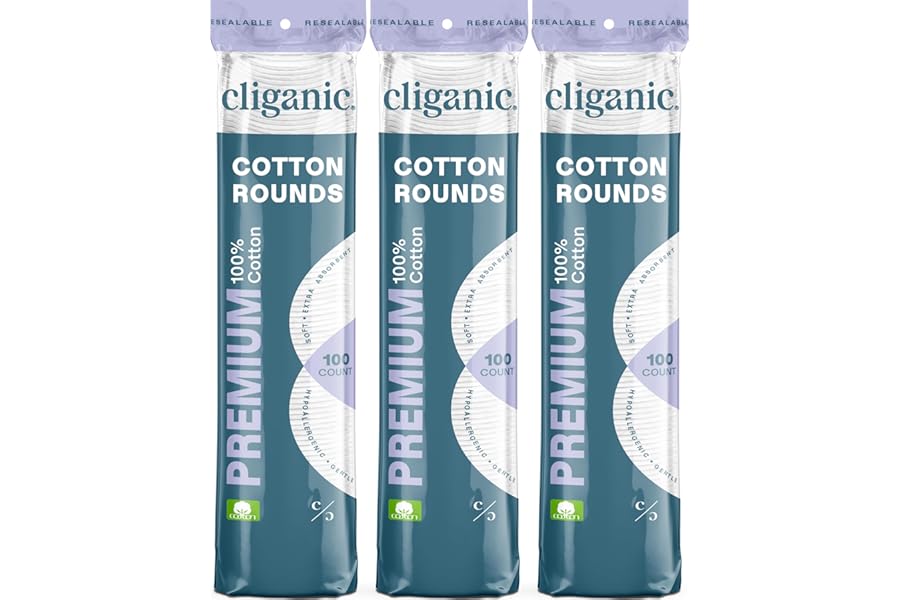 Cliganic Premium Cotton Rounds for Face (300 Count) – Makeup Remover Pads, Hypoallergenic, Lint-Free | 100% Pure Cotton