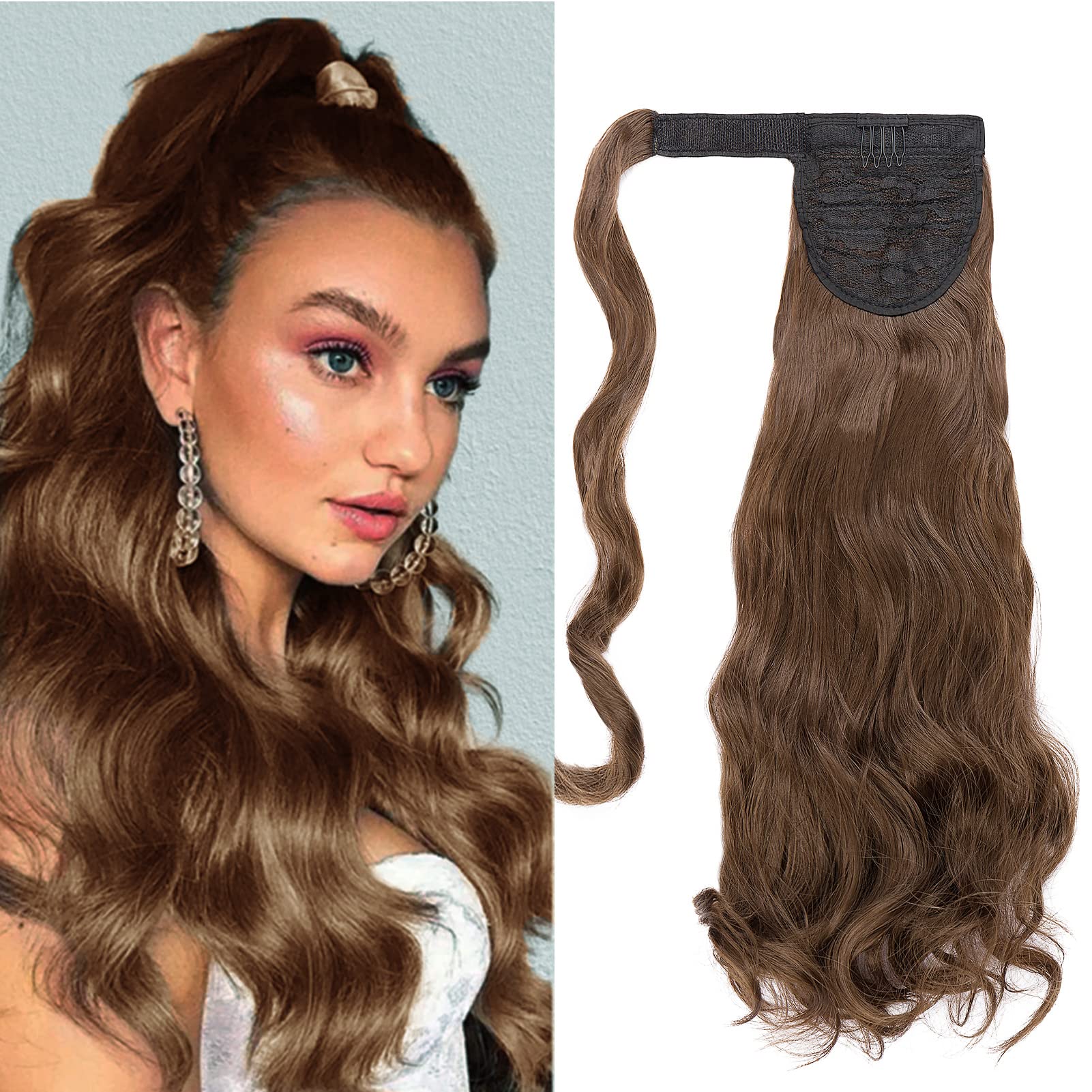 Cybelleza Curly Ponytail Extension Long Wavy Wrap Around Ponytails 20 inch Clip in Hair Extensions Hairpiece Synthetic for Women 105g, Chestnut Brown — image 1