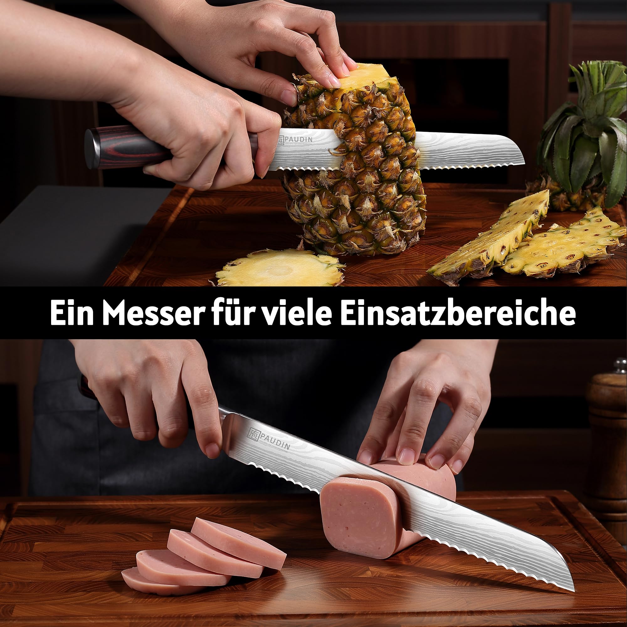 PAUDIN Brotmesser mit Wellenschliff 26 cm aus hochwertigem rostfreiem Edelstahl, extra scharfe Messerklinge mit ergonomischem Pakkaholzgriff 7