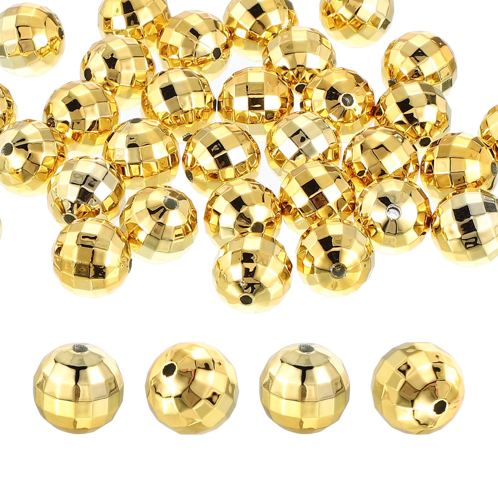 PATIKIL Disco Ball Beads, 50 Pcs 16mm Reflective Round Acrylic Mirror Ball Charm for Decoration DJ Party DIY Crafts, Gold Tone