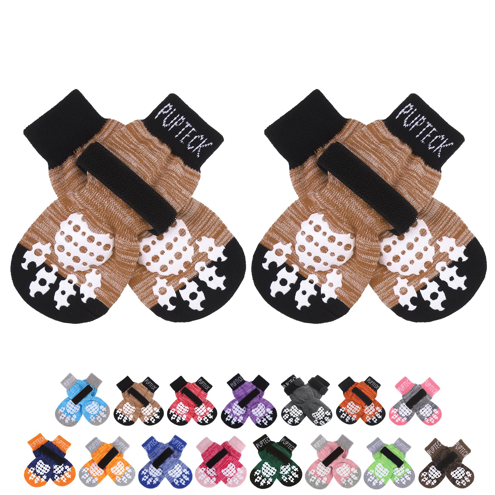 PUPTECK 2 Pairs Anti-Slip Dog Socks Paws Stop Licking, Walking Boots for Injured Paws Hot Weather/Winter, Gripper Shoes Paw Protectors for Hardwood Floors Small Large Dogs
