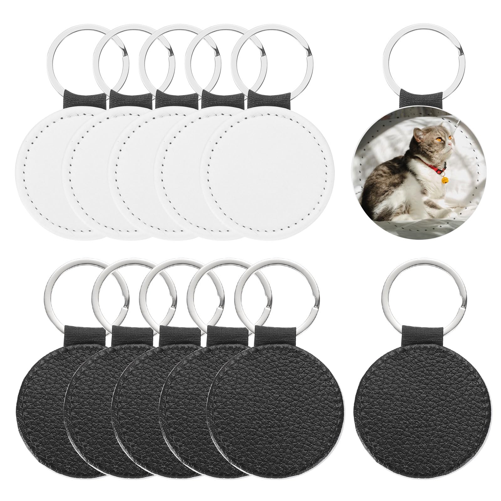 PATIKIL Sublimation Blank Keychains, 12 Pcs Round Keychain Blanks Bulk PU Leather Heat Transfer Key Chains for DIY Craft, Black