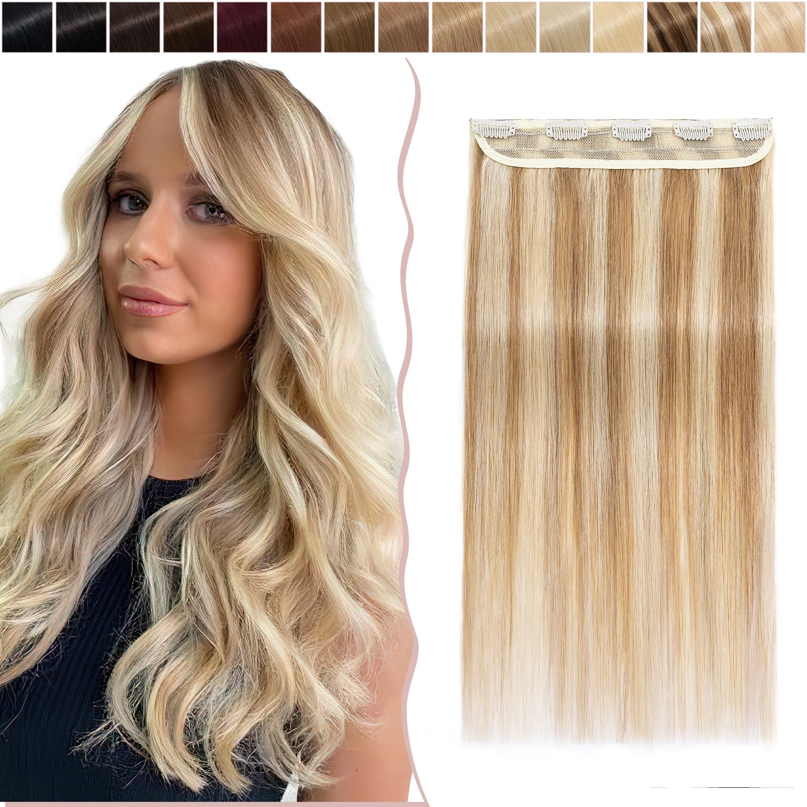 18 inch SEGO Clip in Hair Extension Human Hair One Piece [#12/613 Golden Brown&Bleach Blonde] 100% Remy Real Hairpieces for Women 3/4 Full Head Straight (50g)