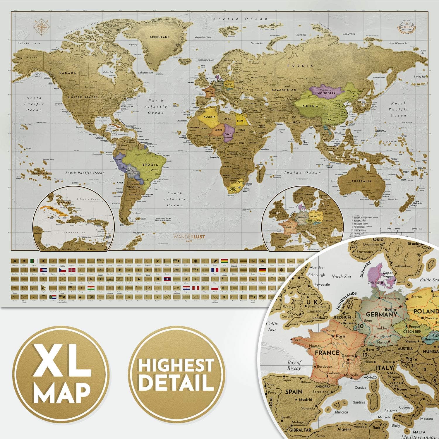 XL Scratch Off World Map With 196 Country Flags - 36x24 Gold Foil Travel Map For Adventurers