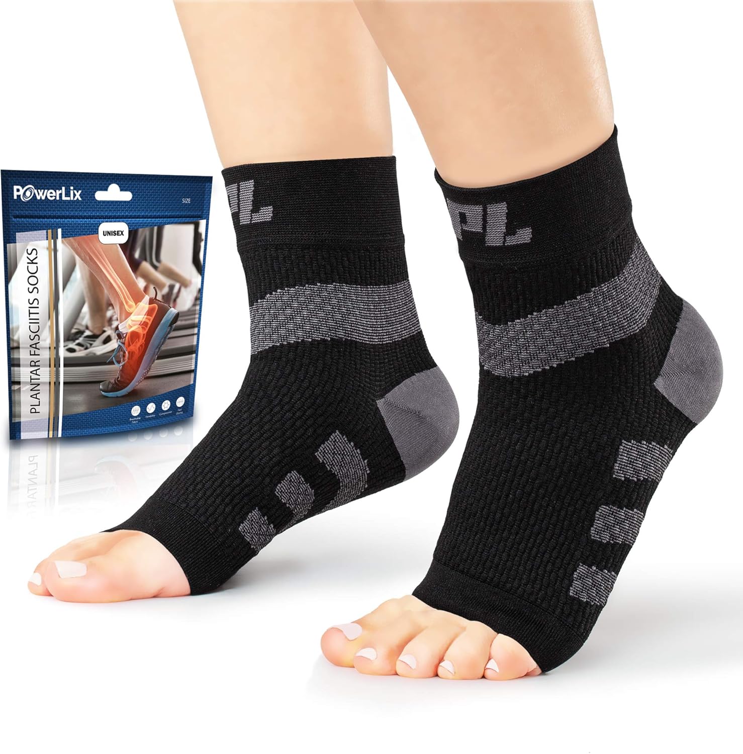 Powerlix Nano Socks (Pair) Ankle Brace for Women & Men, Ankle Support, Plantar Fasciitis Socks & Toeless Compression Foot Sleeve for Neuropathy, Arch and Heel Pain – Better Than Night Splint & Insoles: Health & Personal Care