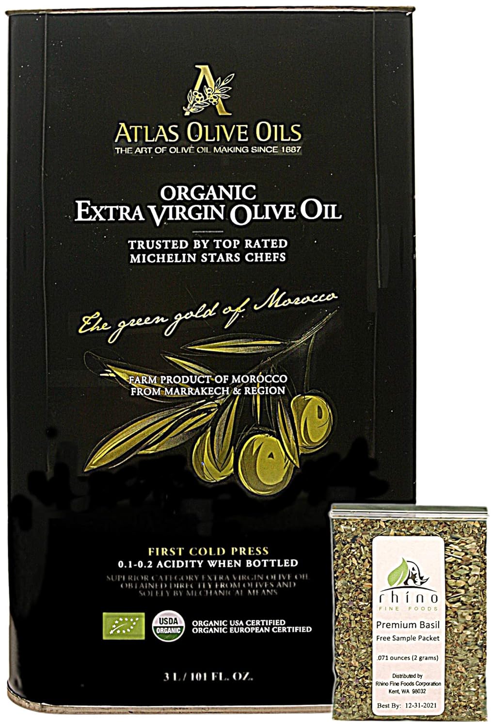 Atlas Olive Oils SARL, Moroccan Organic Extra Virgin Olive Oil (EVOO), 3 Liter, Cold Pressed, Polyphenol Rich, Imported from Morocco, 101 Fl Oz + Includes-Free Basil from Rhino Fine Foods, .071 Oz