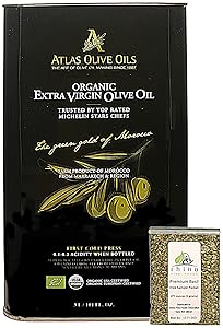 Atlas Olive Oils SARL, Moroccan Organic Extra Virgin Olive Oil (EVOO), 3 Liter, Cold Pressed, Polyphenol Rich, Imported from Morocco, 101 Fl Oz + Includes-Free Basil from Rhino Fine Foods, .071 Oz