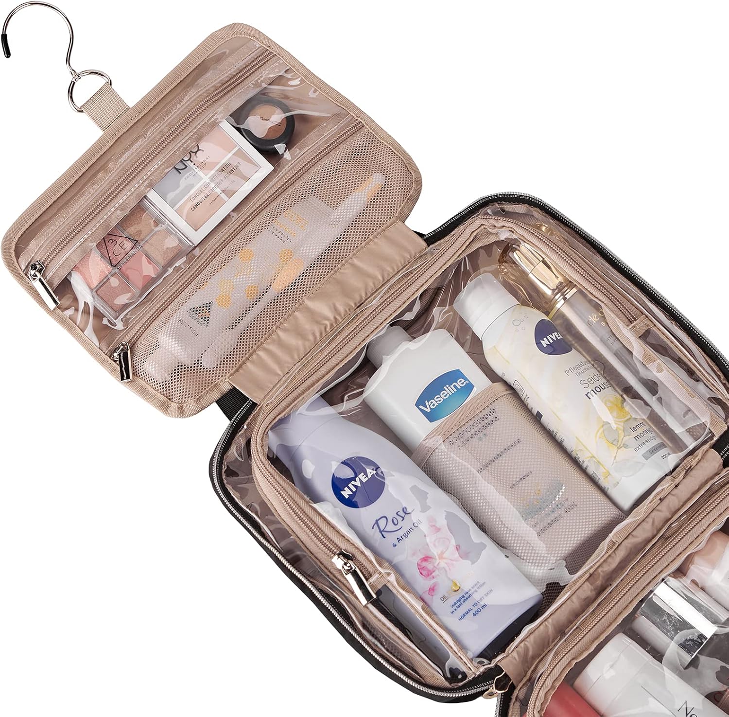 NISHEL 4 Sections Hanging Travel Toiletry Bag Organizer, Water Resistant Large Makeup Cosmetic Case for Bathroom Shower, Black: Clothing
