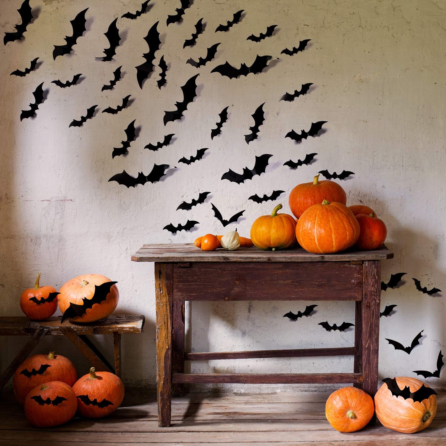 Whaline 72 Pack Halloween 3D Bats Stickers Plastic Wall Bat Decals for Home Window Decor Party Supplies (Black) - - 