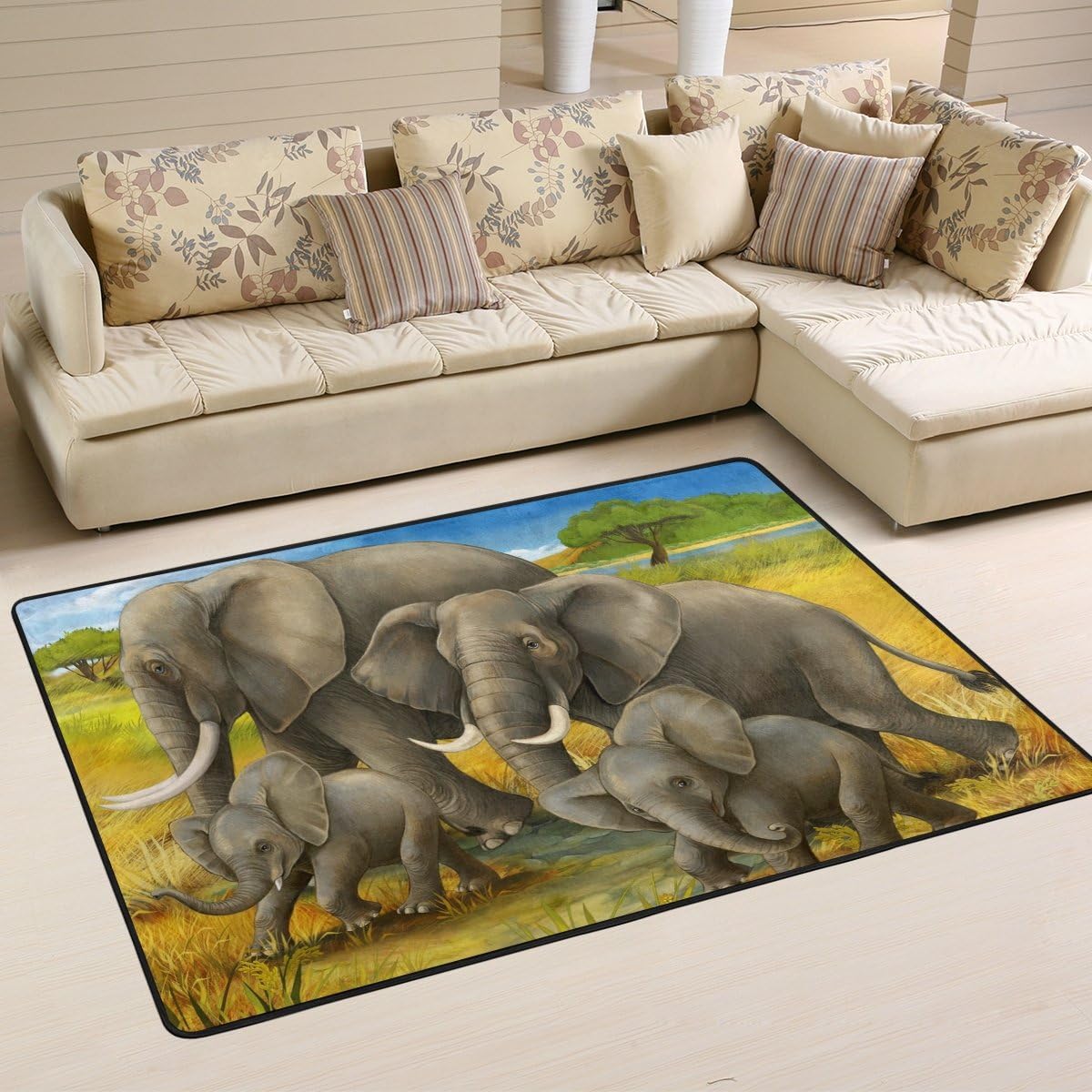 Naanle African Animal Elephants Area Rug 2'x3', Safari Elephants