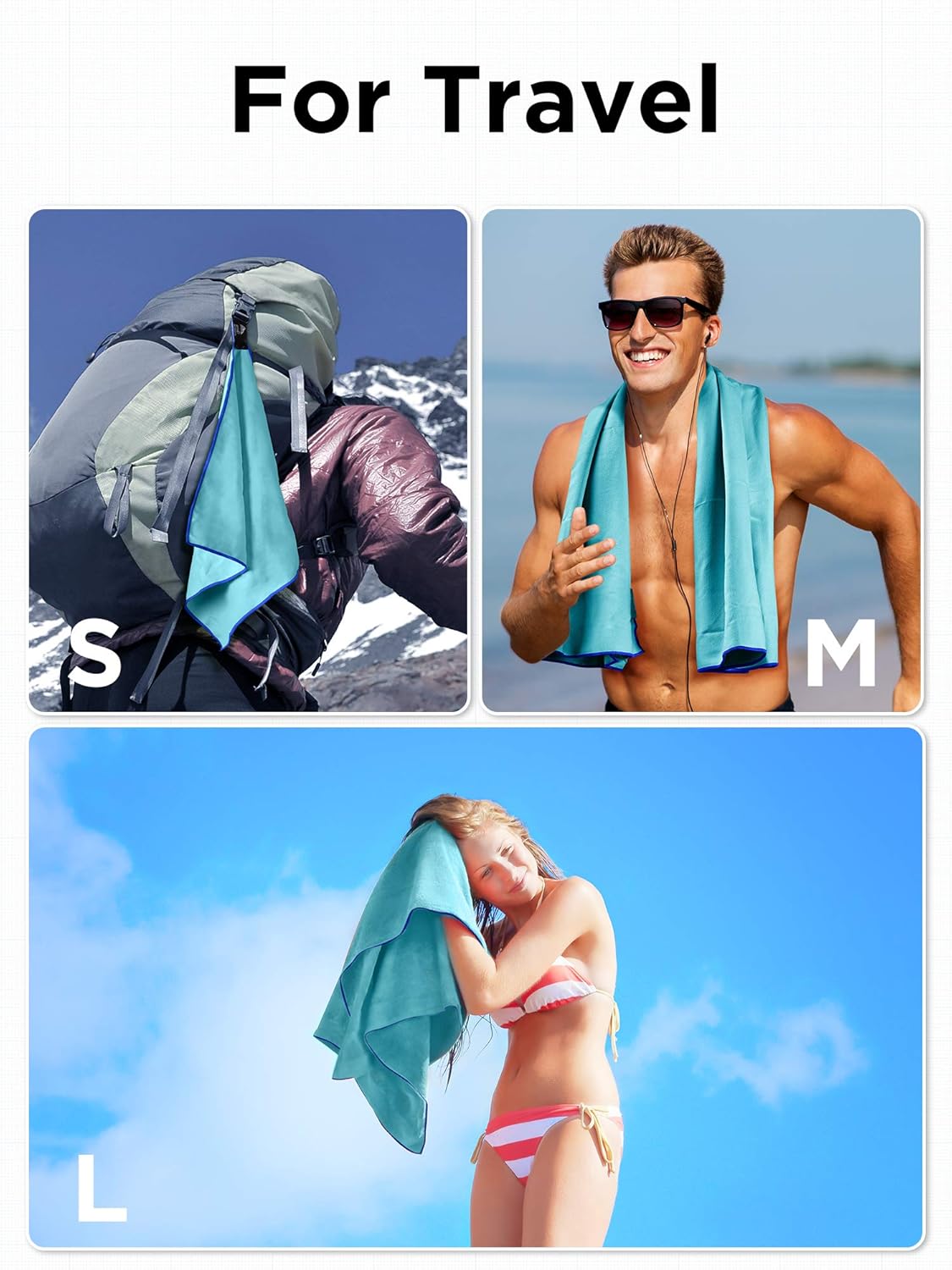 HEETA 3-Pack Fast Drying Microfiber Towels Quick Dry Towels Super Absorbent High Compact Towels for Beach, Hiking, Yoga, Swim, Camping, Gym, and Travel, 3 Size with Bag (Blue): Kitchen & Dining