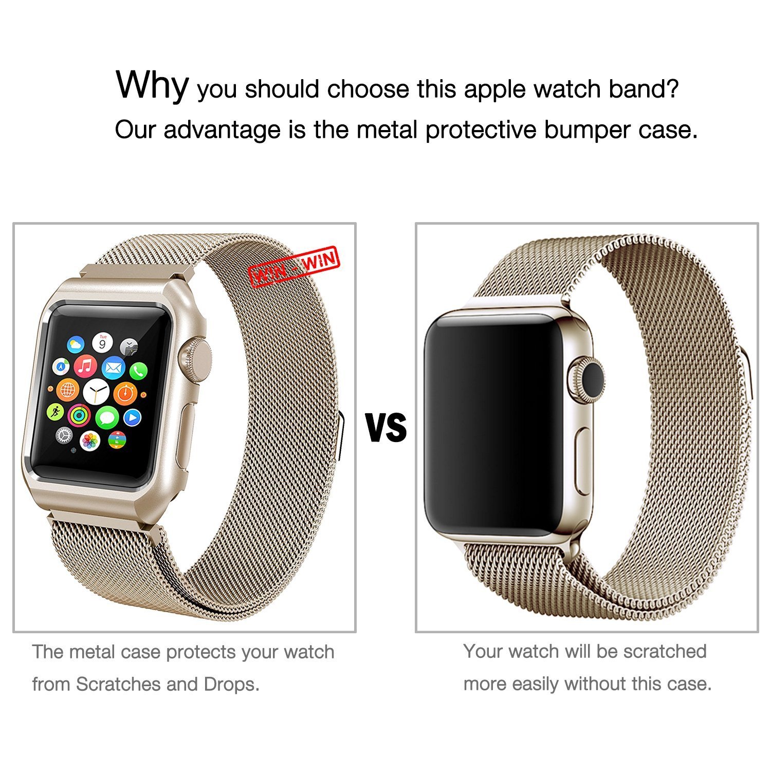 Aifulo Compatible Apple Watch Band 38mm, Adjustment Milanese Loop Stainless Steel Mesh Magnetic Replacement Wrist Band with Metal Protective Case for Apple Watch 38mm Series 1 Series 2 Series 3 - Gold