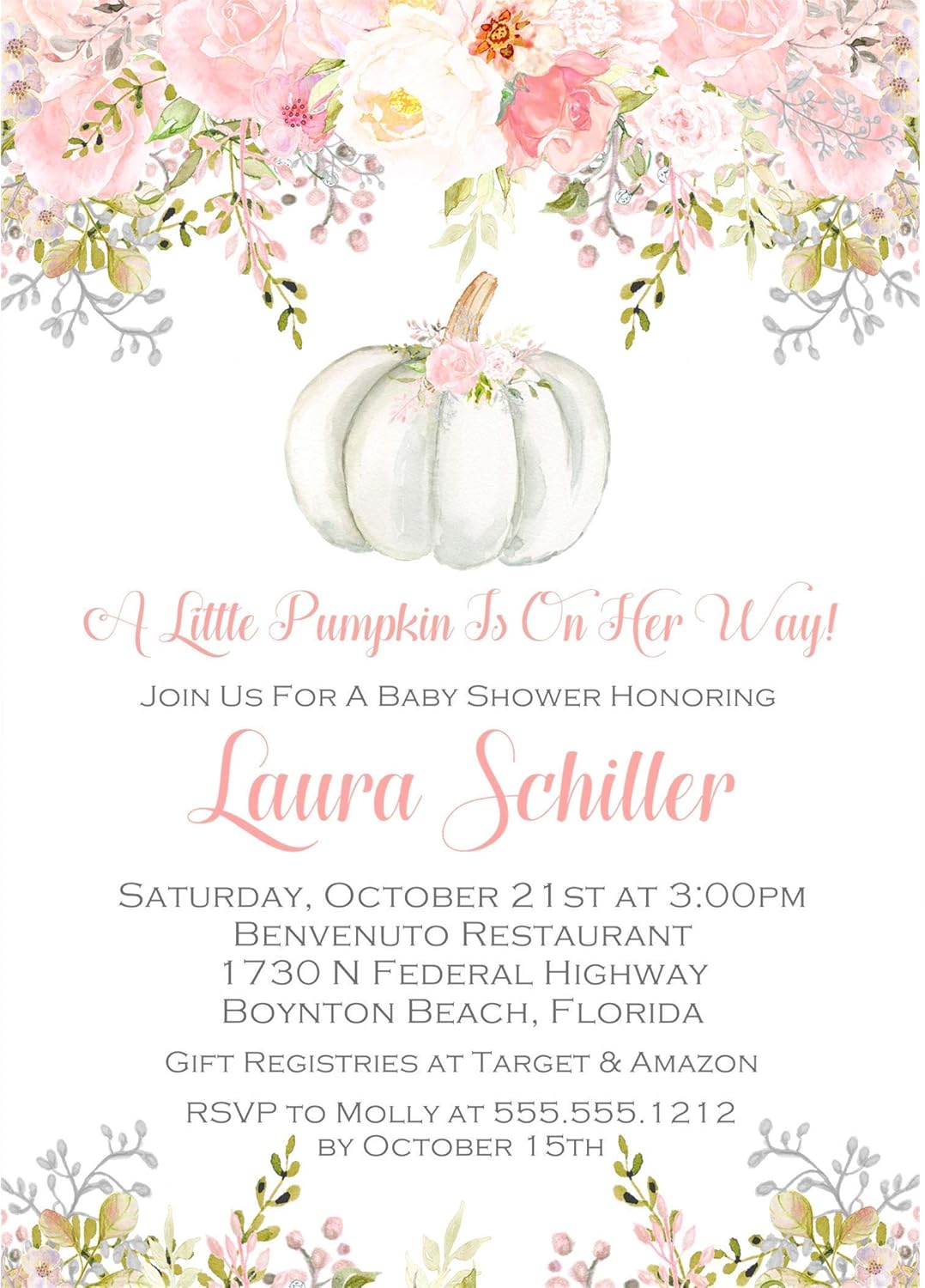 Amazon Com Girls Pink Floral Fall Pumpkin Baby Shower Invitations