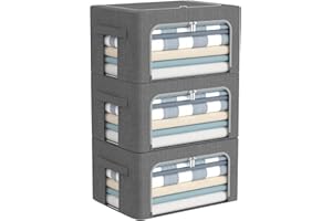 CYHOM 3Pack Foldable Storage Bins - Frame Storage Box Linen Fabric Stackable Clothes Container Organizer with Clear Window & Carry Handles Large Capacity (Small-22L, Dark Gray)