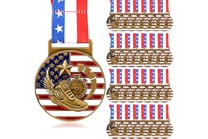 Loetere 30 Pieces Patriotic Medals Gold Medals Bulk Trophy with Neck Ribbons Spirit Medallion with Stars Stripes American Flag for Sports Trophy Participation Winner Gift